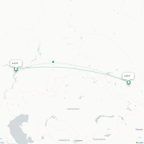 Kazan – Barnaul suoran lennon kartta