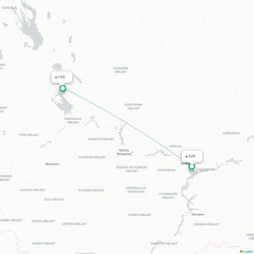 Mapa de vuelo directo Kazán - Cherepovéts