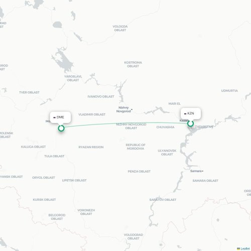 Mapa de vuelo directo Kazán - Moscú