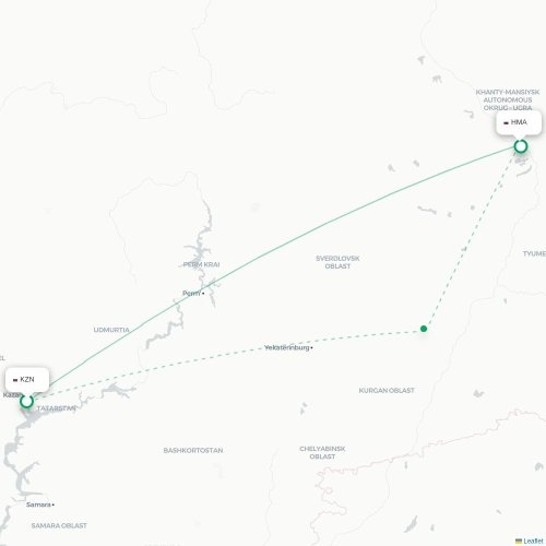 Mapa de vuelo directo Kazán - Janty-Mansisk