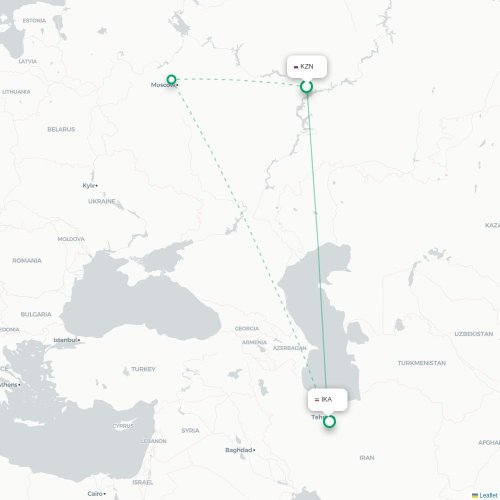 Kazan - Teheran kaart van rechtstreekse vlucht