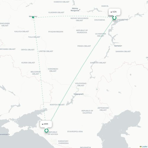 Mapa de vuelo directo Kazán - Krasnodar