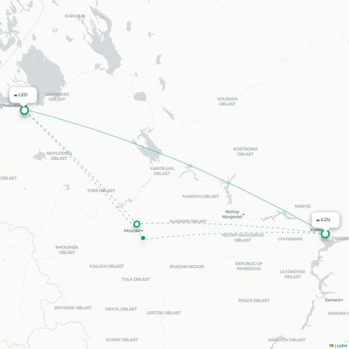 Mapa de vuelo directo Kazán - San Petersburgo