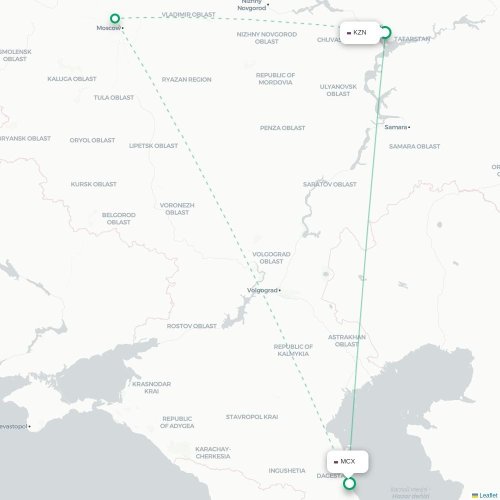 Mapa de vuelo directo Kazán - Makhachkala
