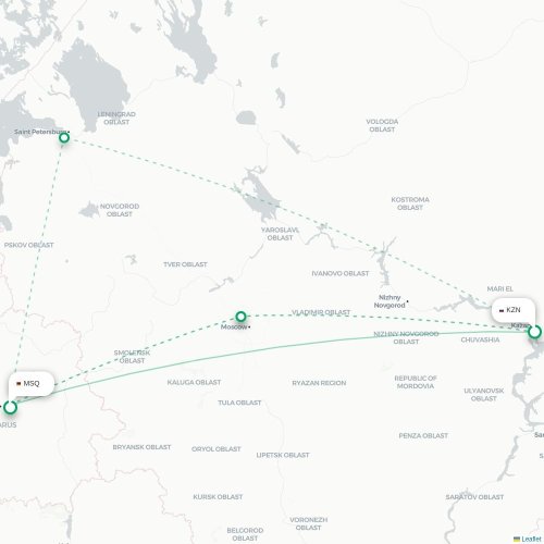 Mapa lotu bezpośredniego Kazań – Mińsk