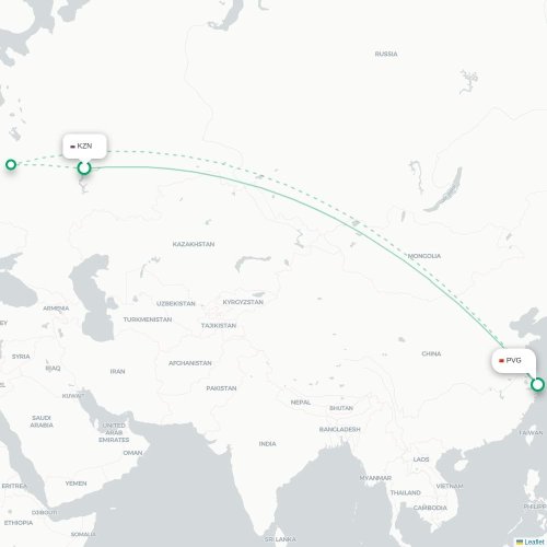 Mapa lotu bezpośredniego Kazań – Szanghaj