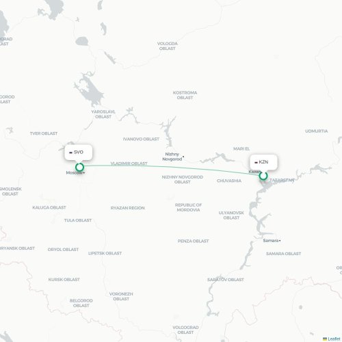 Mapa de vuelo directo Kazán - Moscú