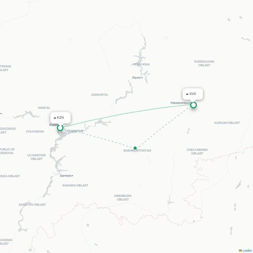 Kazan - Sverdlovsk karta över direktflyg