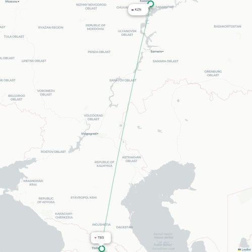 Mapa de vuelo directo Kazán - Tiflis