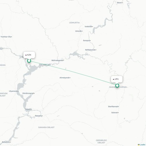 Mapa de vuelo directo Kazán - Ufá