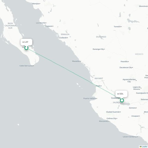 Mapa de vuelo directo La Paz - Guadalajara