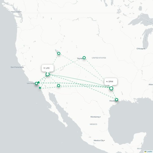Mapa de vuelo directo Las Vegas - Dallas