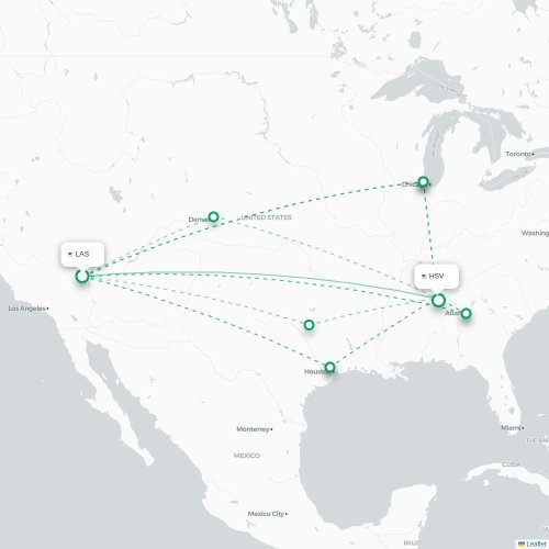 Mapa de vuelo directo Las Vegas - Huntsville
