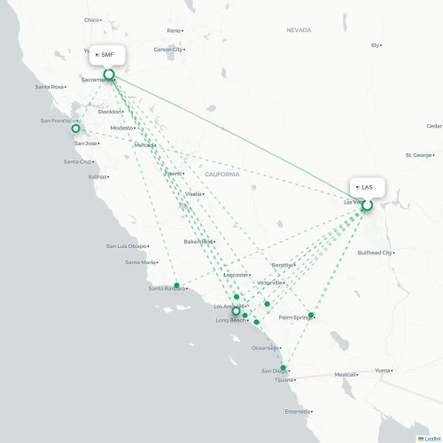 Mapa lotu bezpośredniego Las Vegas – Sacramento