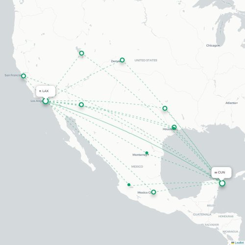 Mapa lotu bezpośredniego Los Angeles – Cancún