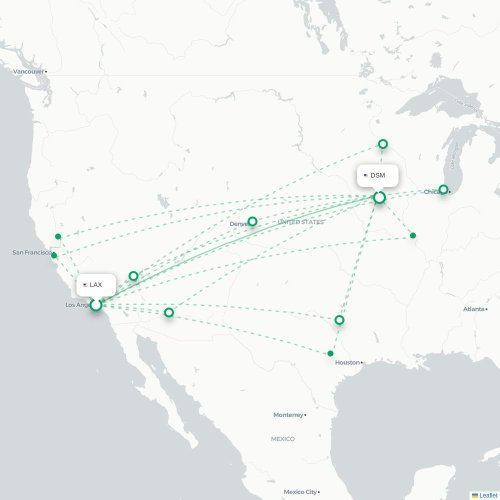 Los Angeles - Des Moines kort over direkte fly
