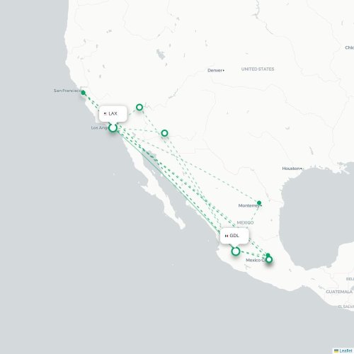 Mapa lotu bezpośredniego Los Angeles – Guadalajara