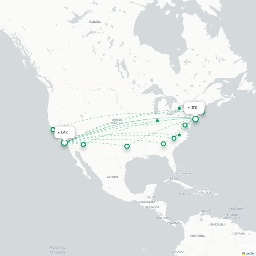 Mapa de vuelo directo Los Ángeles - Nueva York