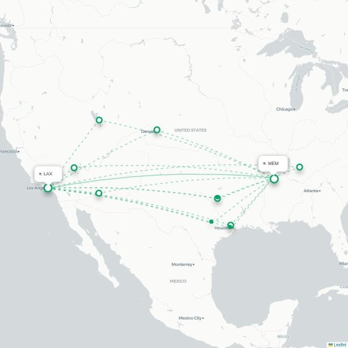 Mapa de vuelo directo Los Ángeles - Memphis