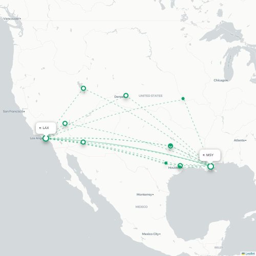 Mapa de vuelo directo Los Ángeles - Nueva Orleans