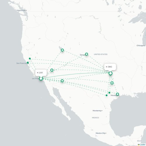 Mapa de vuelo directo Los Ángeles - Oklahoma City