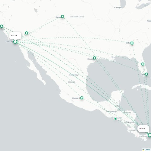 Mapa de vuelo directo Los Ángeles - Ciudad de Panamá