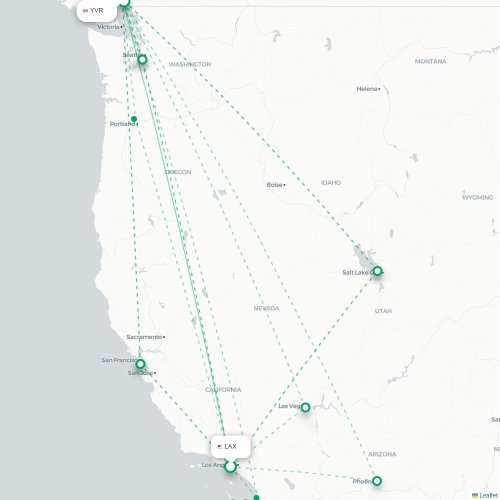 Mapa de vuelo directo Los Ángeles - Vancouver