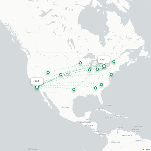 Mapa de vuelo directo Los Ángeles - Toronto