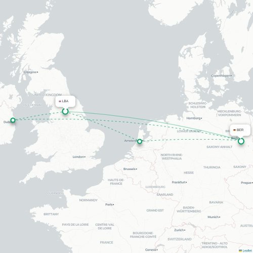 Mapa de vuelo directo Leeds, Condado de Yorkshire del Oeste - Berlín