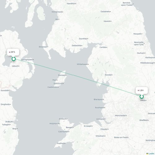 Mapa de vuelo directo Leeds, Condado de Yorkshire del Oeste - Belfast