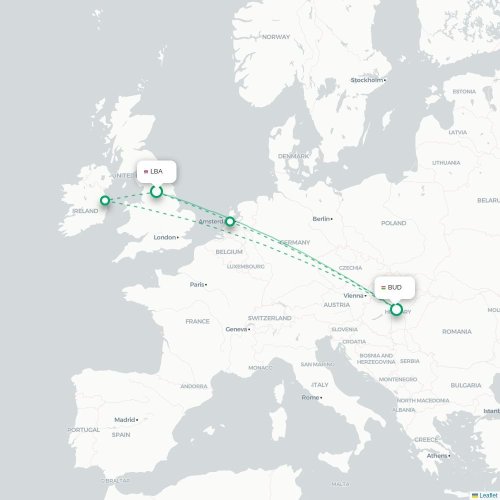 Mapa de vuelo directo Leeds, Condado de Yorkshire del Oeste - Budapest
