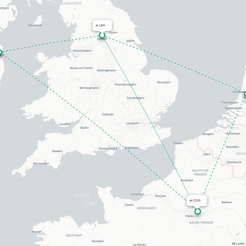 Mapa de vuelo directo Leeds, Condado de Yorkshire del Oeste - París