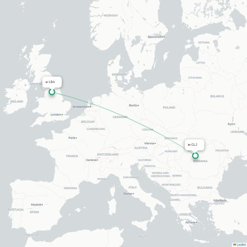 Mapa de vuelo directo Leeds, Condado de Yorkshire del Oeste - Cluj