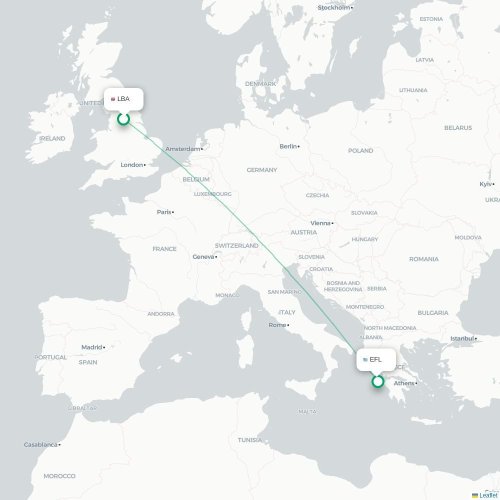 Mapa de vuelo directo Leeds, Condado de Yorkshire del Oeste - Argostoli