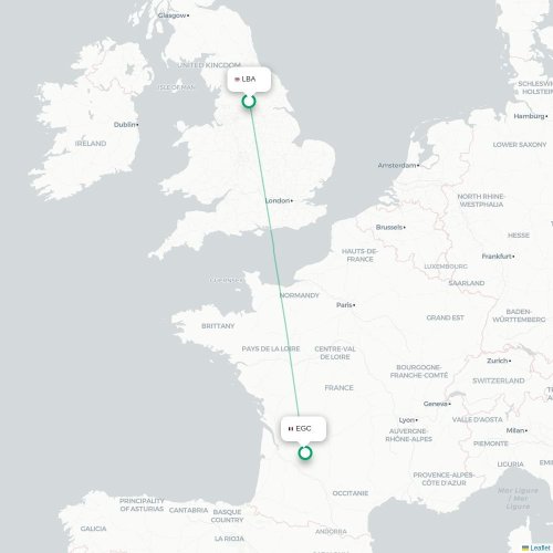 Mapa de vuelo directo Leeds, Condado de Yorkshire del Oeste - Bergerac