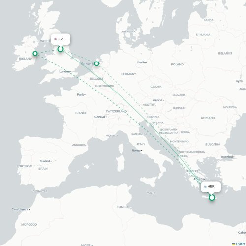 Mapa de vuelo directo Leeds, Condado de Yorkshire del Oeste - Heraclión