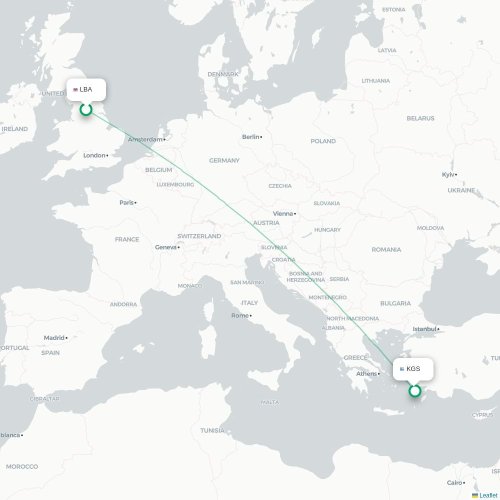 Mapa de vuelo directo Leeds, Condado de Yorkshire del Oeste - Kos