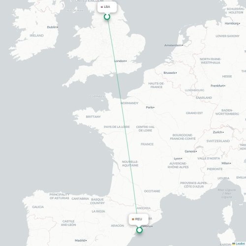 Mapa de vuelo directo Leeds, Condado de Yorkshire del Oeste - Reus