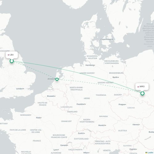 Mapa lotu bezpośredniego Leeds, West Yorkshire – Wrocław