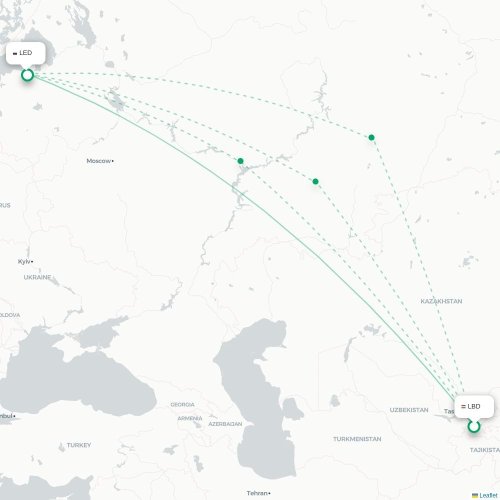 Choedzjand - Sint-Petersburg kaart van rechtstreekse vlucht