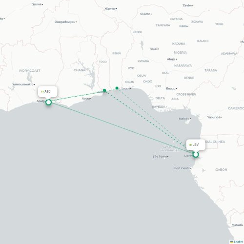Mapa de vuelo directo Libreville - Abiyán