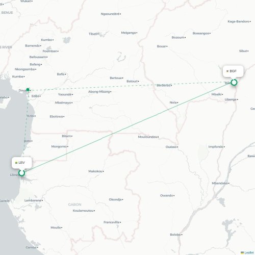 Mapa de vuelo directo Libreville - Bangui