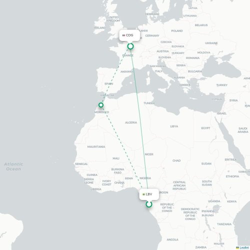 Mapa de vuelo directo Libreville - París