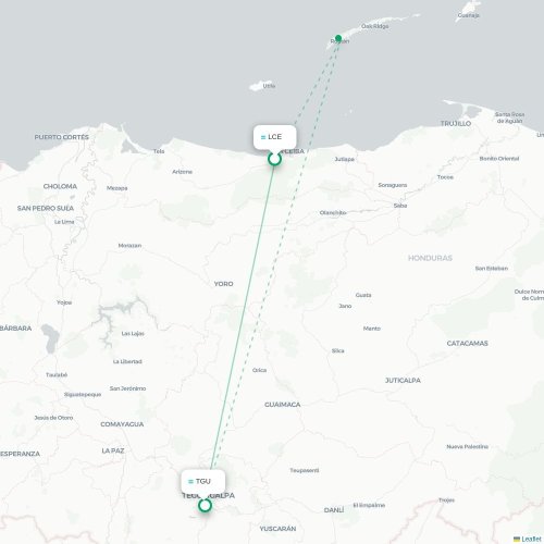 Mapa lotu bezpośredniego La Ceiba – Tegucigalpa