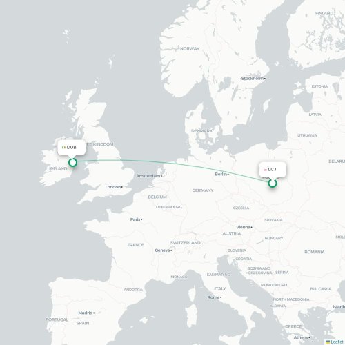 Mapa de vuelo directo Łódź - Dublín