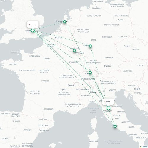 Mapa de vuelo directo Londres - Florencia