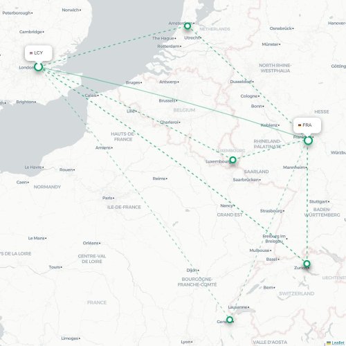 Mapa de vuelo directo Londres - Fráncfort