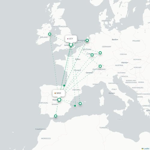 Mapa de vuelo directo Londres - Madrid