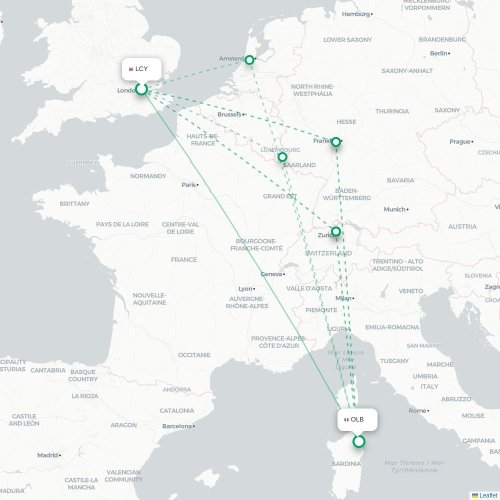 Mapa de vuelo directo Londres - Olbia