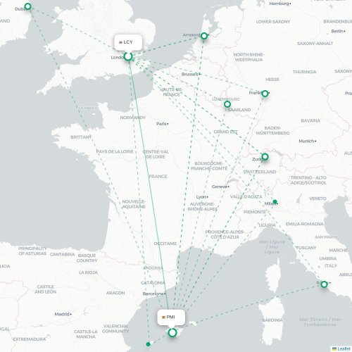 Mapa de vuelo directo Londres - Palma